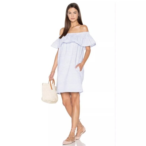 REVOLVE NWT Line & Dot Blue Stripe Lea Dress Off The Shoulder Ruffle Size XS - Picture 2 of 13
